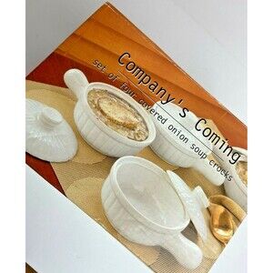 Company's Coming Covered Onion Soup Crocks Bowls White Set of 4 Stoneware